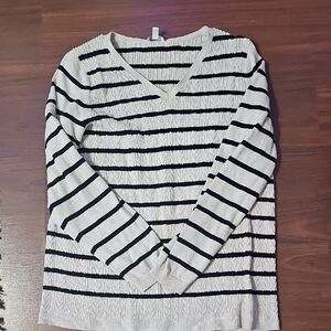 Striped V-Neck Sweater - Black and White